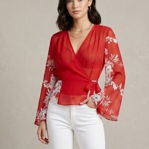 Rampage Y2K Floral Crimson & White Floral Wrap Whimsical Blouse SZ M